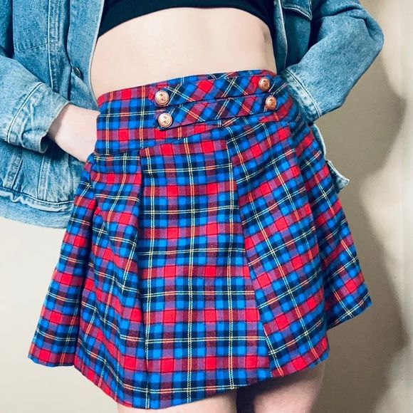 Vintage Dresses & Skirts - Vintage style SP Classics pleated school girl academia red/blue plaid mini skirt